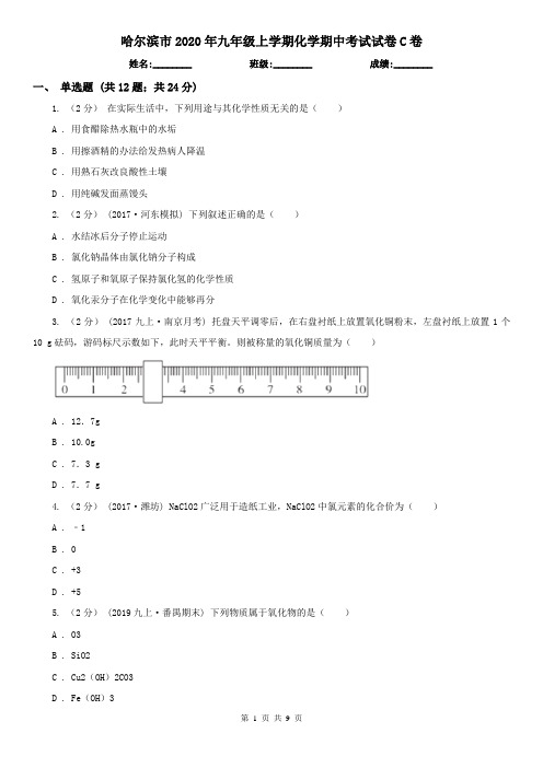 哈尔滨市2020年九年级上学期化学期中考试试卷C卷