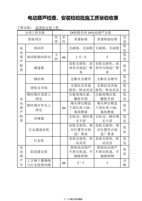 电动葫芦检查、安装检查验收表