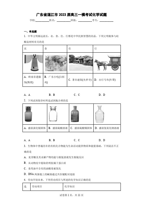 广东省湛江市2023届高三一模考试化学试题