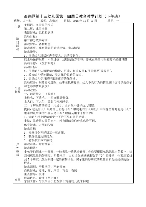 西岗区第十三幼儿园第十四周日教育教学计划下午班