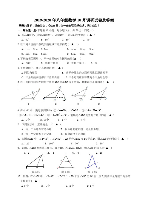 2019-2020年八年级数学10月调研试卷及答案