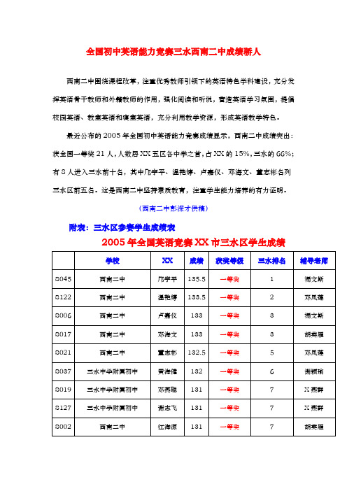 全国初中英语能力竞赛三水西南二中成绩骄人