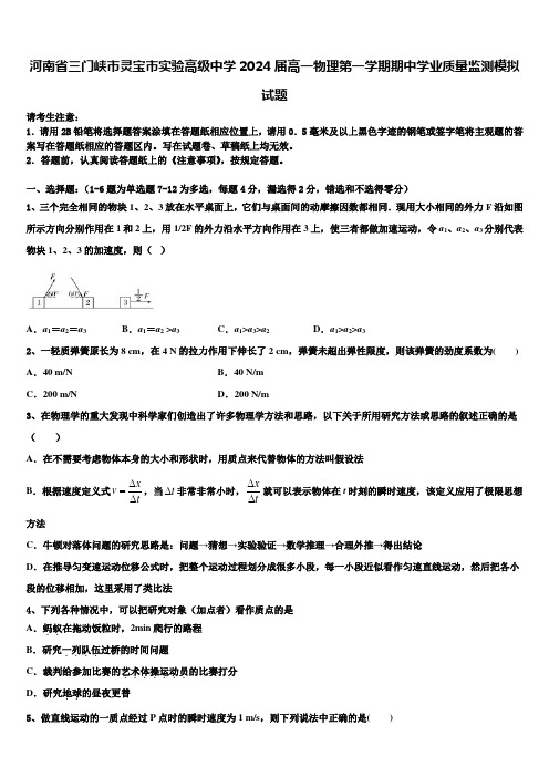 河南省三门峡市灵宝市实验高级中学2024届高一物理第一学期期中学业质量监测模拟试题含解析