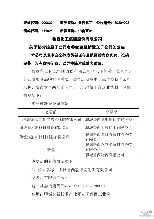 鲁西化工：关于部分控股子公司名称变更及新设立子公司的公告