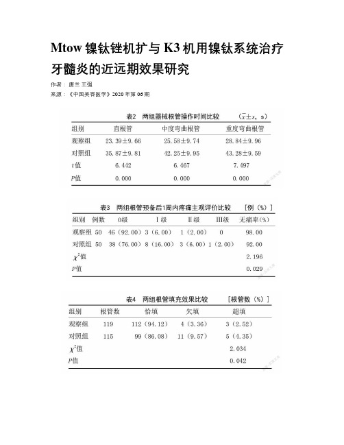 Mtow镍钛锉机扩与K3机用镍钛系统治疗牙髓炎的近远期效果研究