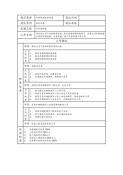 车辆修理业务经理--综合管理类公司岗位职责说明书