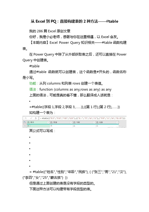 从Excel到PQ：直接构建表的2种方法——#table