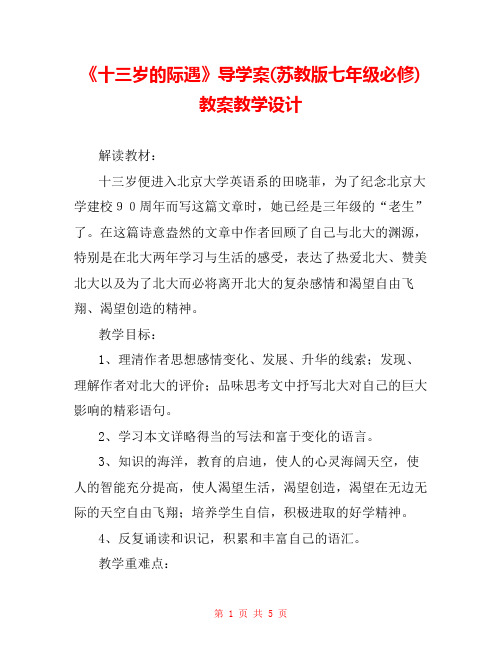 《十三岁的际遇》导学案(苏教版七年级必修) 教案教学设计 