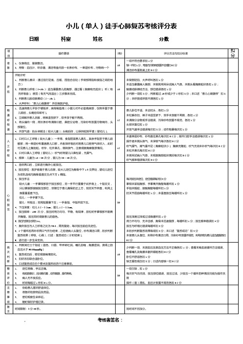 小儿(单人)徒手心肺复苏考核评分表