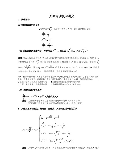 天体运动复习讲义精简版(含经典例题后附习题及答案)