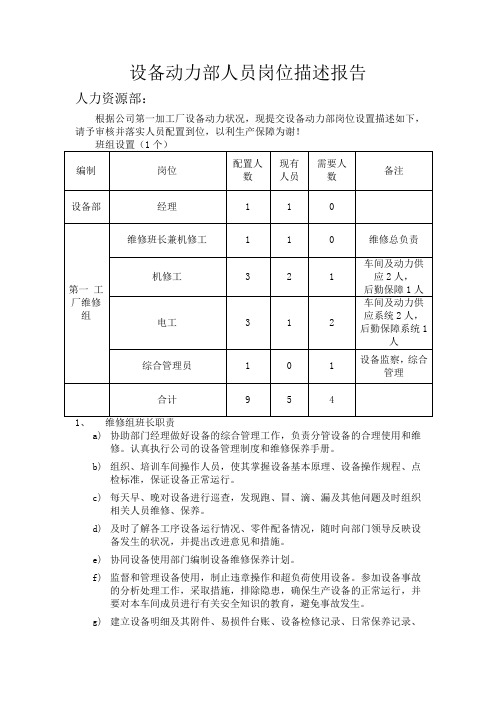 设备动力部人员岗位描述