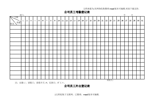 公司员工考勤登记表、外出登记表、请假单