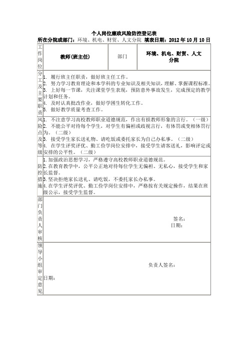 个人岗位廉政风险防控登记表