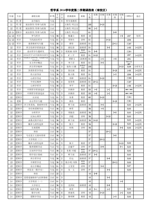 中山大学哲学系本科生2014学年课程表(含夏、秋季学期)