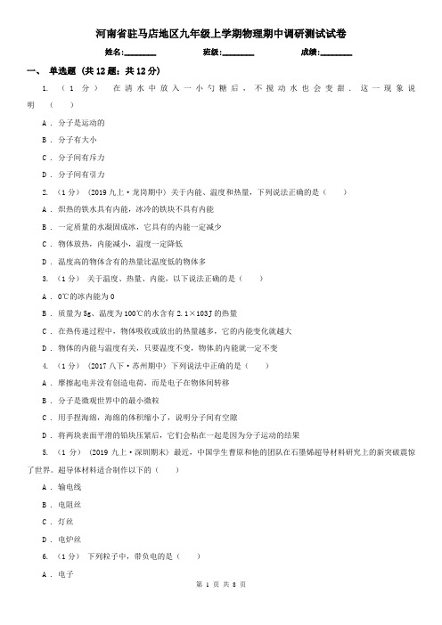 河南省驻马店地区九年级上学期物理期中调研测试试卷