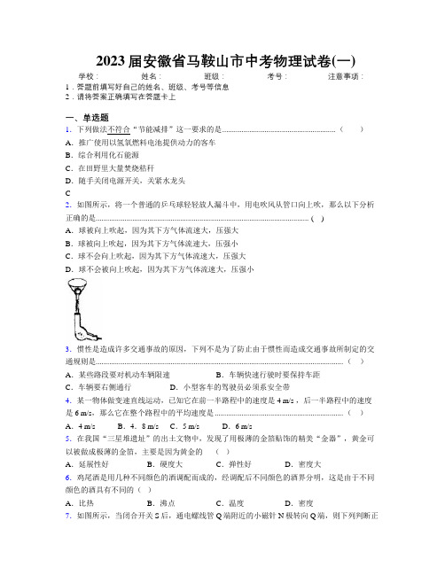 最新2023届安徽省马鞍山市中考物理试卷(一)及解析