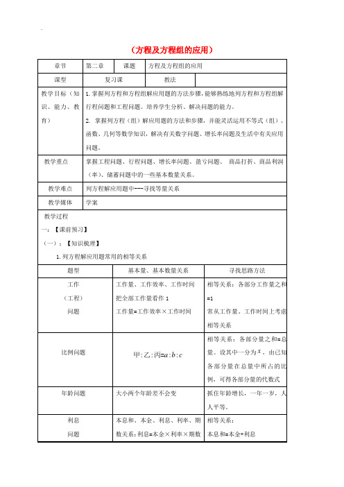鲁教版山东省龙口市兰高镇2019届中考数学一轮复习教学设计十方程及方程组的应用