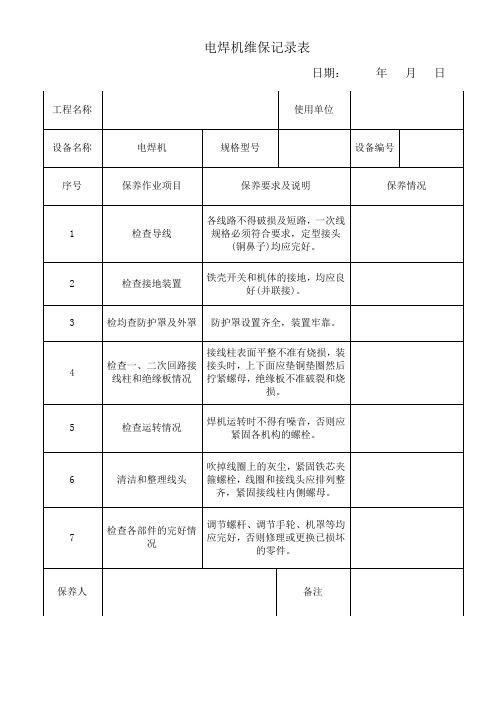 钢筋加工场设备维护保养记录