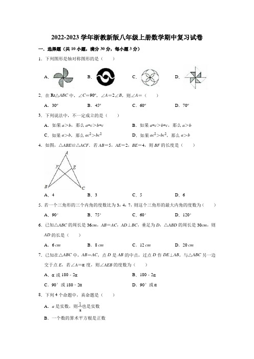 2022-2023学年浙教新版八年级上册数学期中复习试卷(有答案)