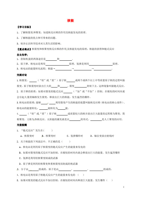 江苏省徐州市云龙区九年级物理下册 18.2 核能学案苏科版 精