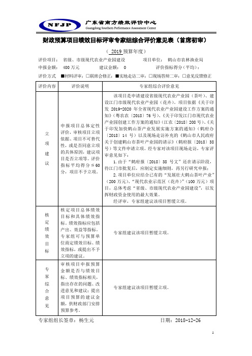 财政预算项目绩效目标评审专家组综合评价意见表首席初审