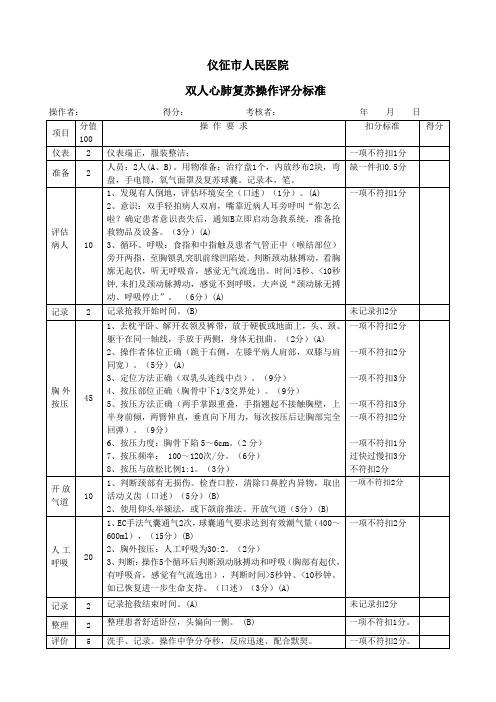 双人心肺复苏操作及评分标准
