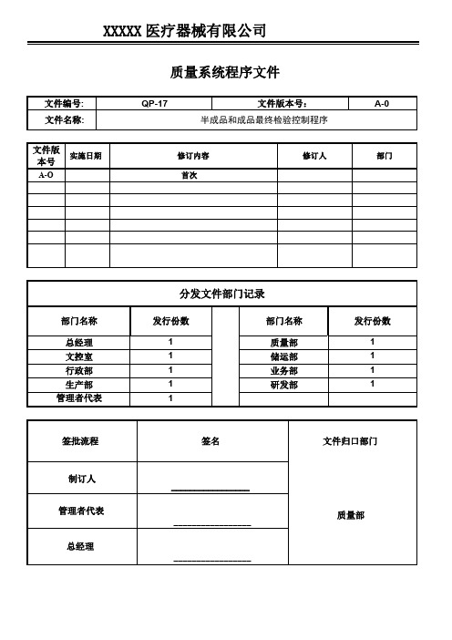 医疗器械GMP程序文件-半成品和成品最终检验控制程序