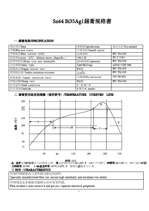 Sn64 Bi35Ag1锡膏规格书