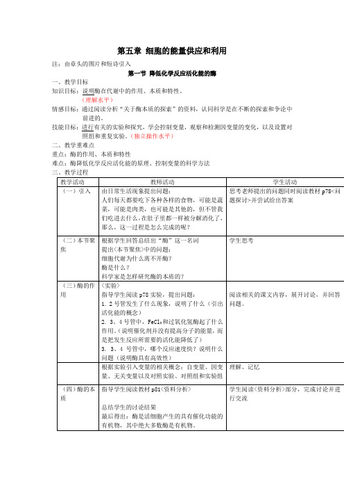 高中生物必修一(人教版)第五章 细胞的能量供应和利用 教案