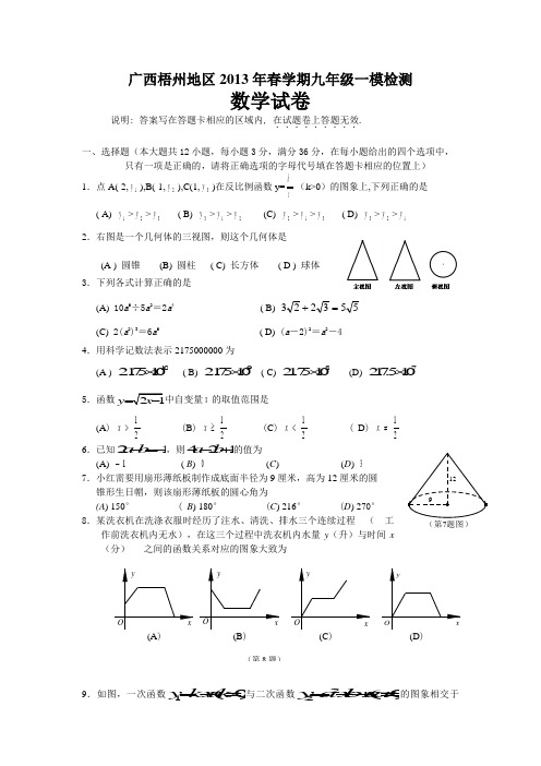 广西梧州地区2013届九年级一模检测数学试题