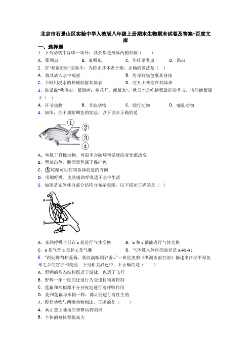 北京市石景山区实验中学人教版八年级上册期末生物期末试卷及答案-百度文库