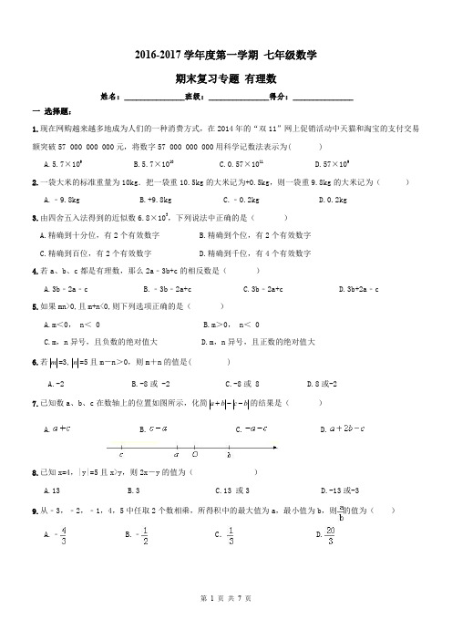 【名师点睛】天津市和平区2016-2017年七年级数学上册期末复习专题--有理数及答案(PDF版)