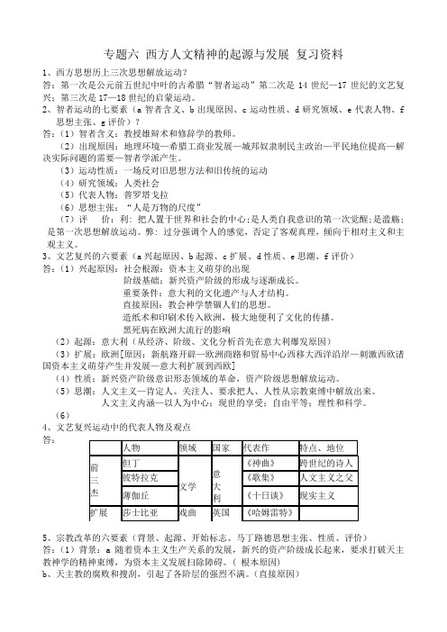 高中历史专题六 西方人文精神的起源与发展 复习资料 人民版 必修3