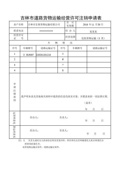 吉林道路货物运输经营许可注销申请表