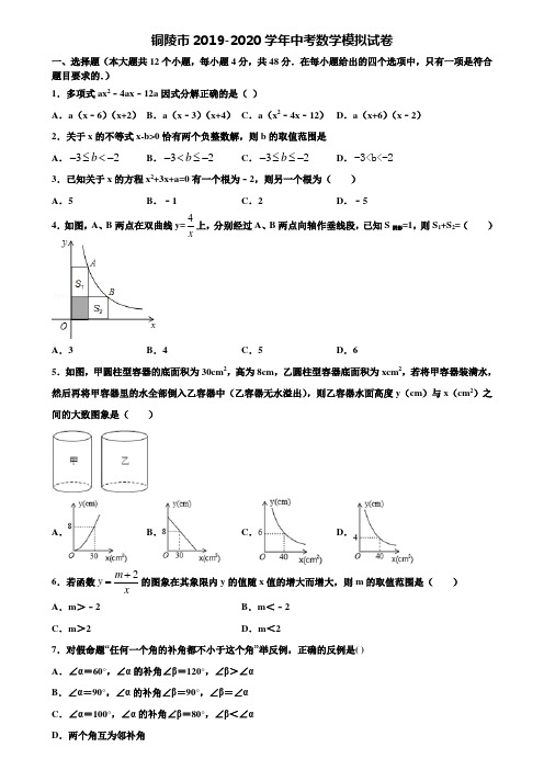 【附20套中考模拟试题】铜陵市2019-2020学年中考数学模拟试卷含解析