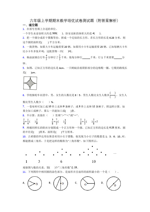 六年级上学期期末数学培优试卷测试题(附答案解析)