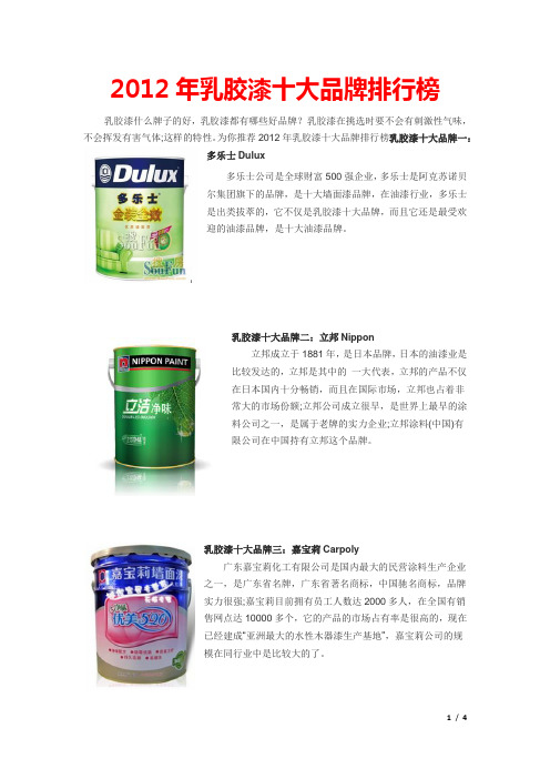 2012年乳胶漆十大品牌排行榜[图文并茂]