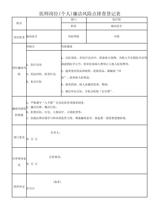 医师岗位(个人)廉洁风险点排查登记表