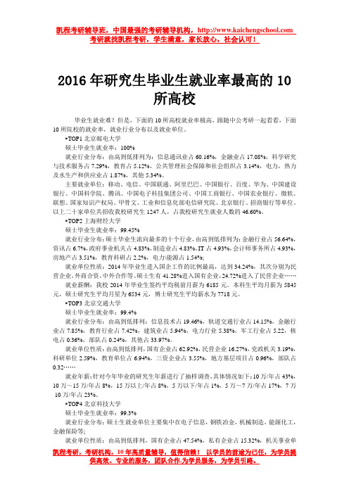 2016年研究生毕业生就业率最高的10所高校