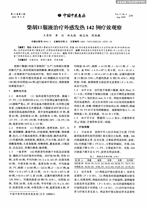 柴胡口服液治疗外感发热142例疗效观察