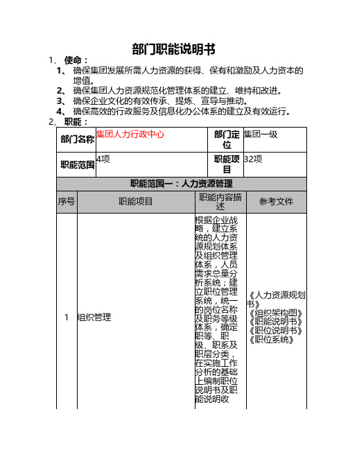 集团人力行政中心职能说明书(范本)