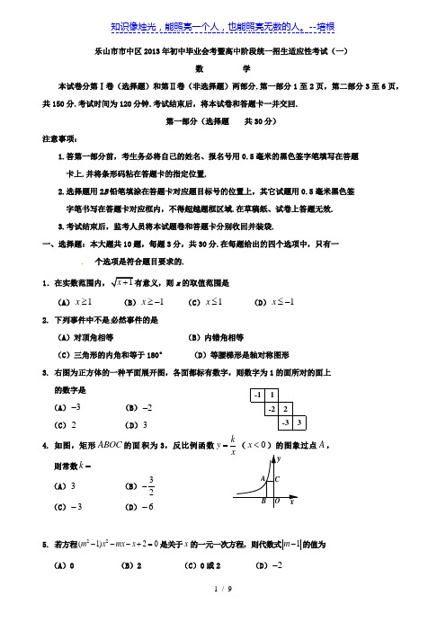 四川省乐山市市中区2013届九年级下学期适应性考试数学试题 