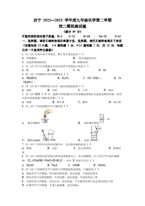 2023年青海省西宁市城西区中考二模化学试题(含选择题答案)