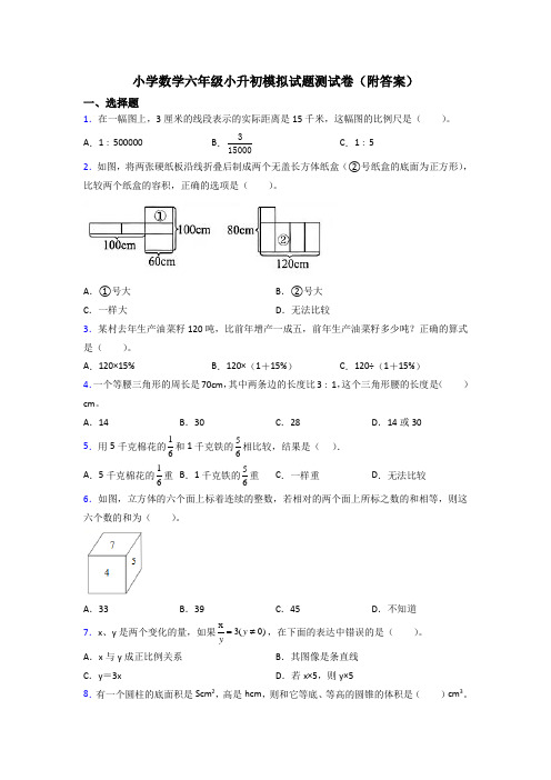 小学数学六年级小升初模拟试题测试卷(附答案)[001]