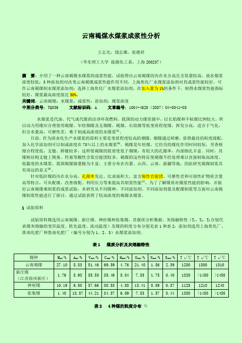 云南褐煤水煤浆成浆性分析等