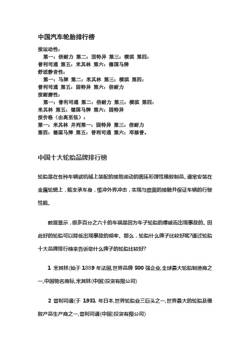 中国汽车轮胎排行榜