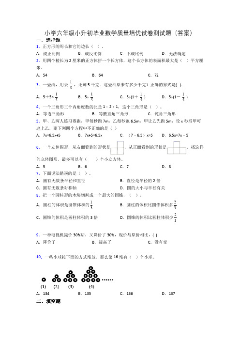 小学六年级小升初毕业数学质量培优试卷测试题(答案)