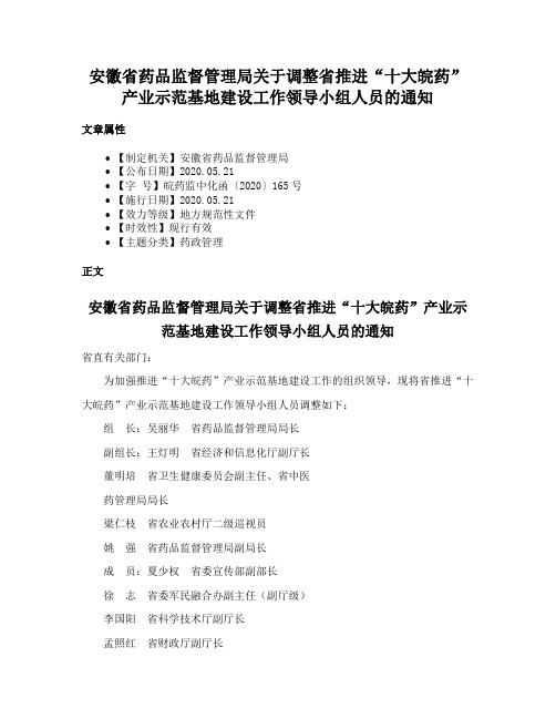 安徽省药品监督管理局关于调整省推进“十大皖药”产业示范基地建设工作领导小组人员的通知