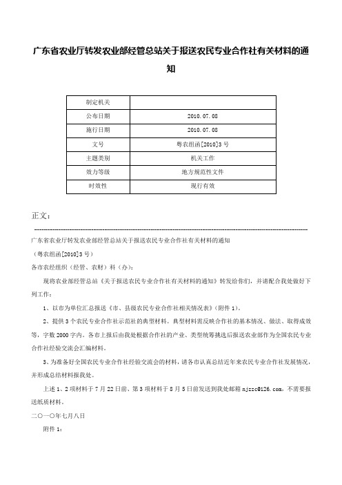 广东省农业厅转发农业部经管总站关于报送农民专业合作社有关材料的通知-粤农组函[2010]3号