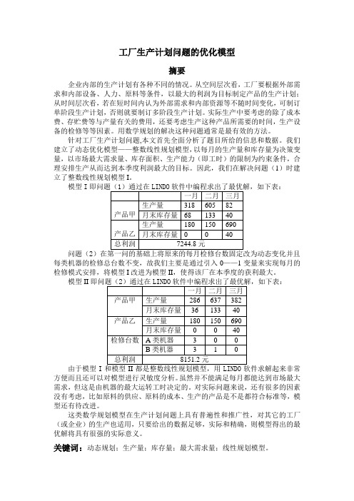 工厂生产计划问题的优化模型